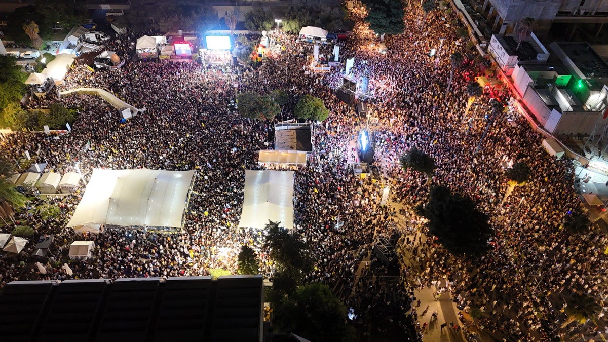 Aerial shot of a rally at Hostage Square