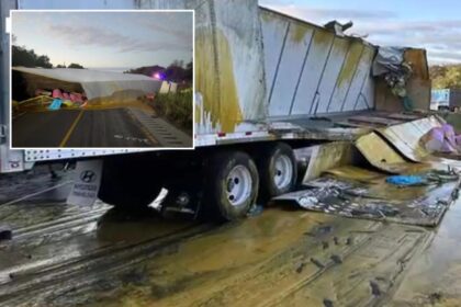 Semi-truck overturns and spills 46K pounds of apple sauce on Illinois interstate