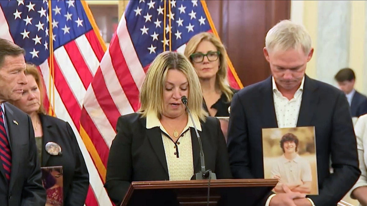 Maria Raine speaks at a news conference on Oct. 28, 2025 discussing AI platform safety for minors.