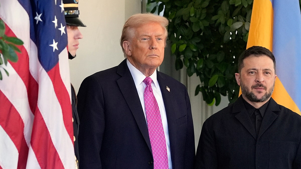 President Donald Trump and Ukraine President Volodymyr Zelenskyy stand outside White House