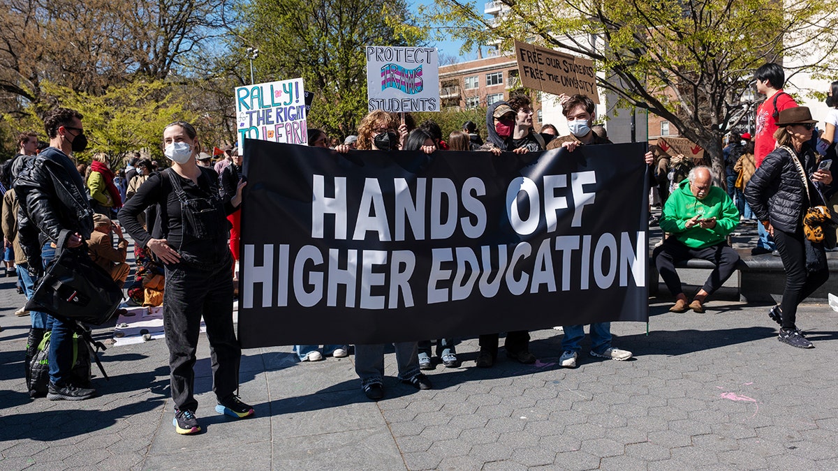 Demonstrators protest in support of universities.