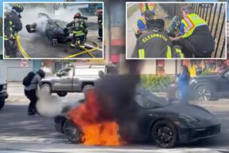 Wild video shows good Samaritans pulling driver from his burning Porsche