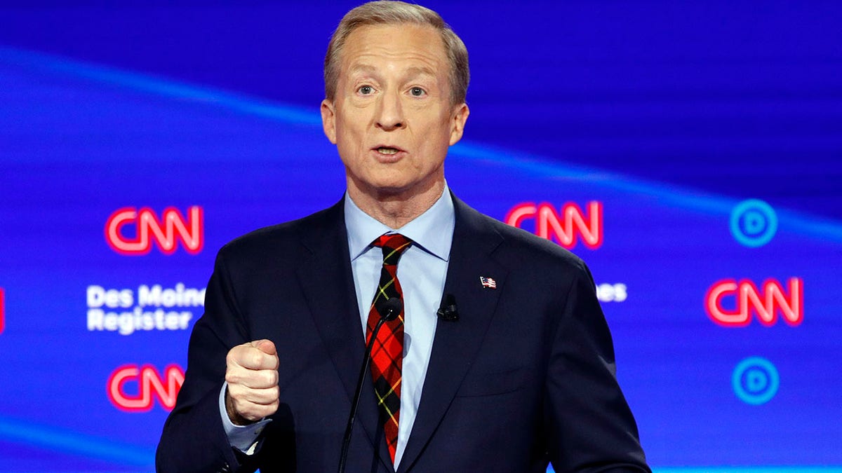 Democratic presidential candidate businessman Tom Steyer speaks, Tuesday, Jan. 14, 2020, during a Democratic presidential primary debate hosted by CNN and the Des Moines Register in Des Moines, Iowa.