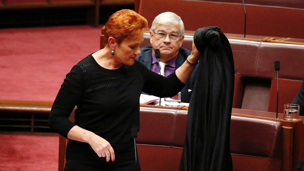Senate session suspended after Pauline Hanson enters chamber in burqa to protest face-covering ban denial