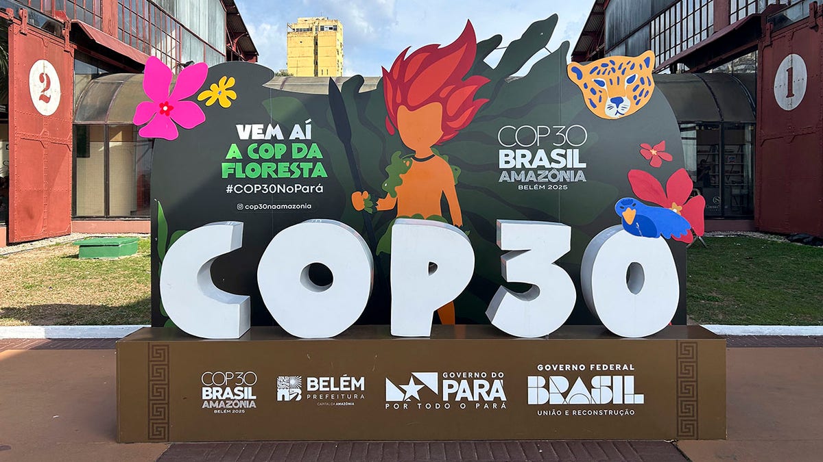 This view shows the COP30 logotype at Docks Station in Belem, Para state, Brazil on October 24, 2025.