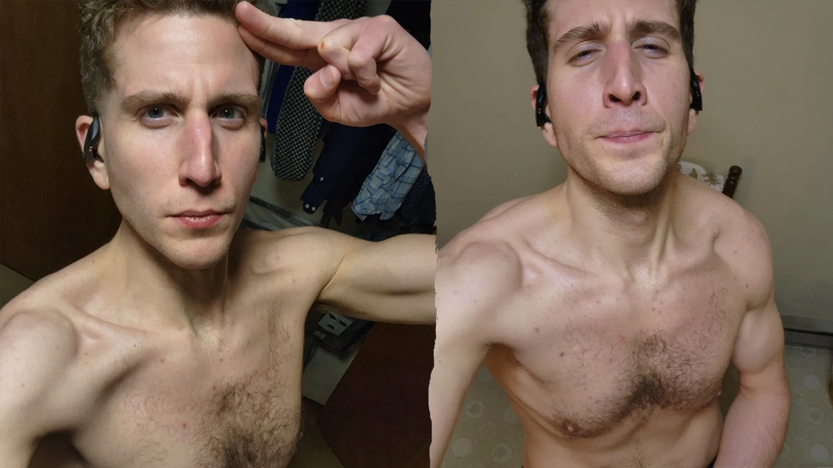 A combination photo showing Bryan Kohberger, shirtless, salting the camera on the left and flexing and pursing his lips on the right