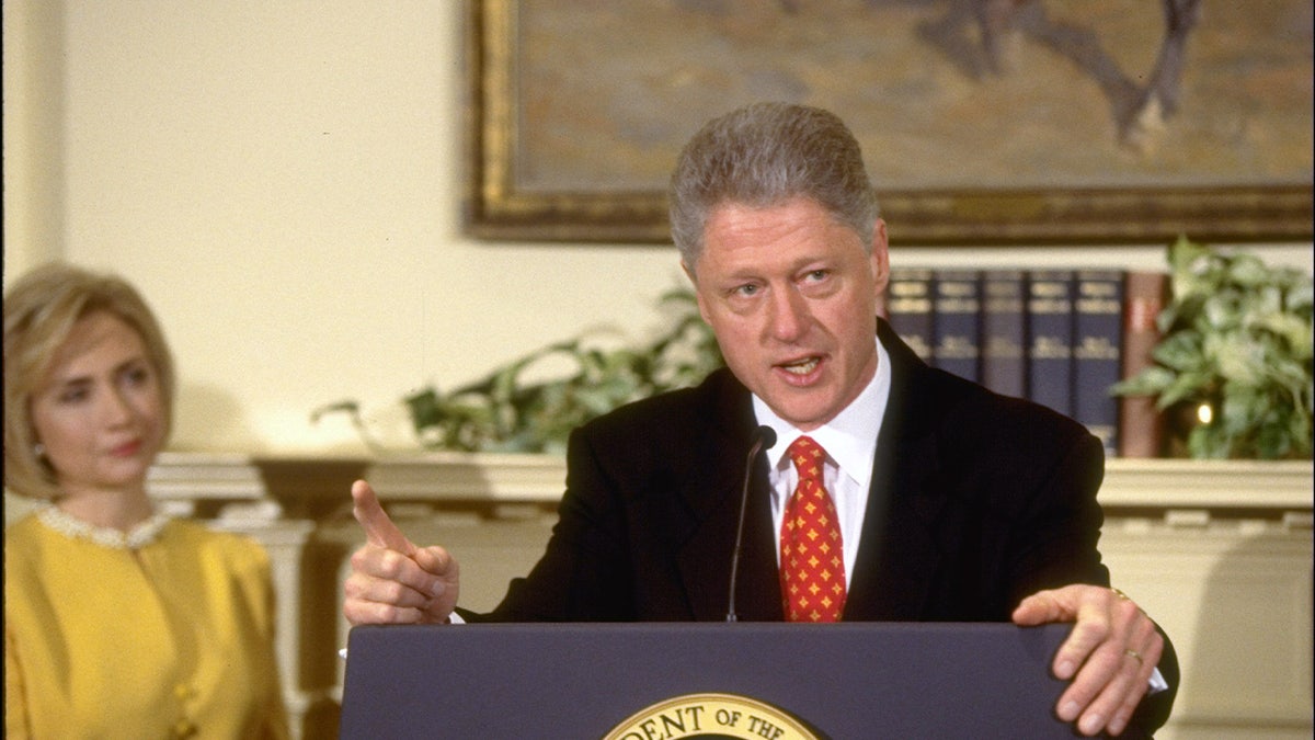 Bill Clinton seen speaking the media 