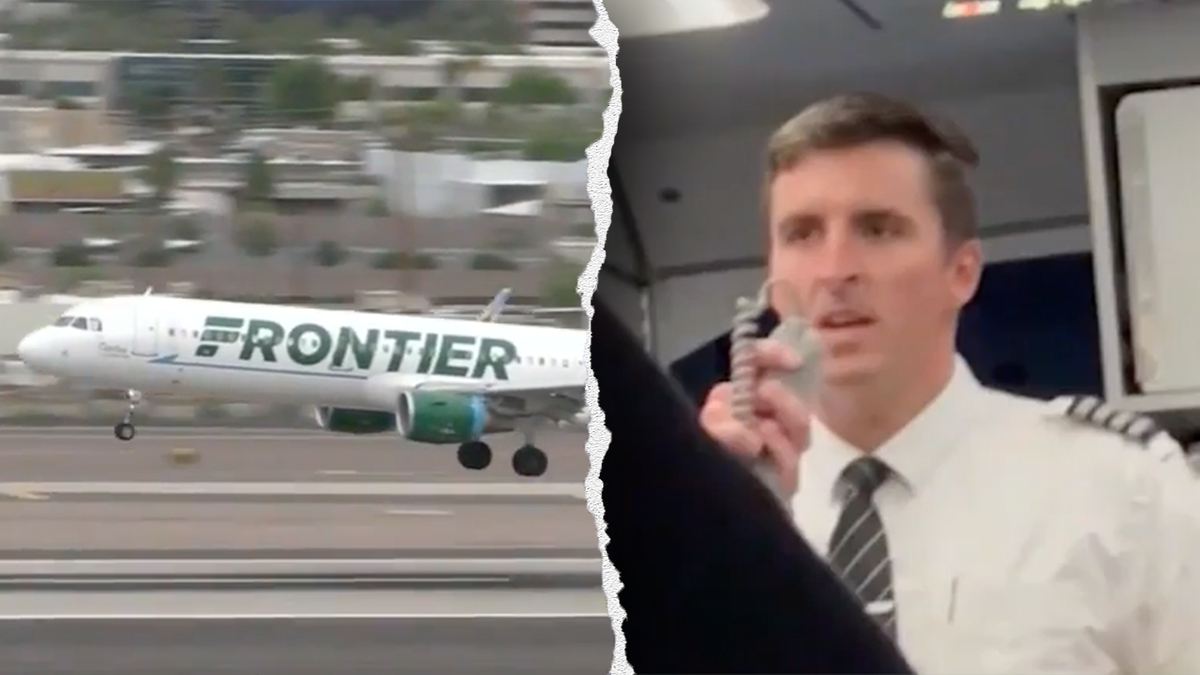 Split of Frontier plane and flight attendant.