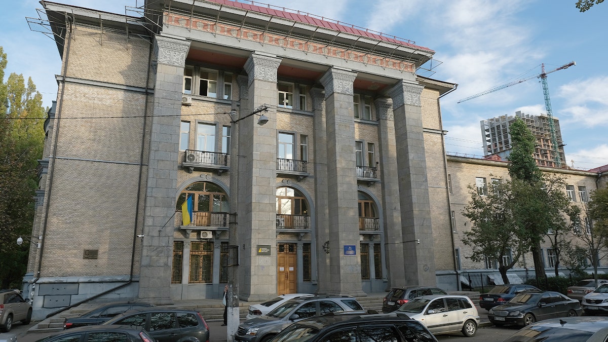 The exterior of a government building displaying signage for Ukraine’s anti-corruption agency.