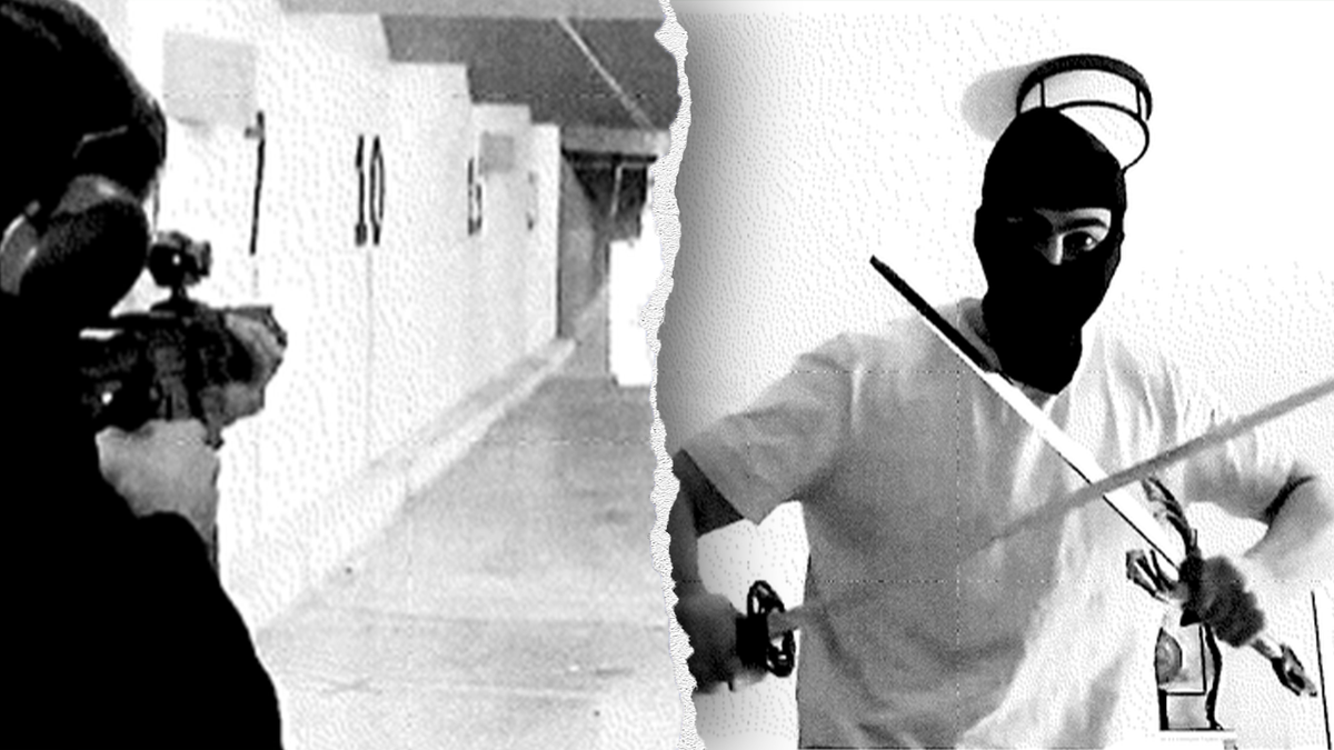 A combination of black and white images allegedly showing Milo Sedarat at a shooting range with a rifle and him again wearing a facemask and holding two crossed swords