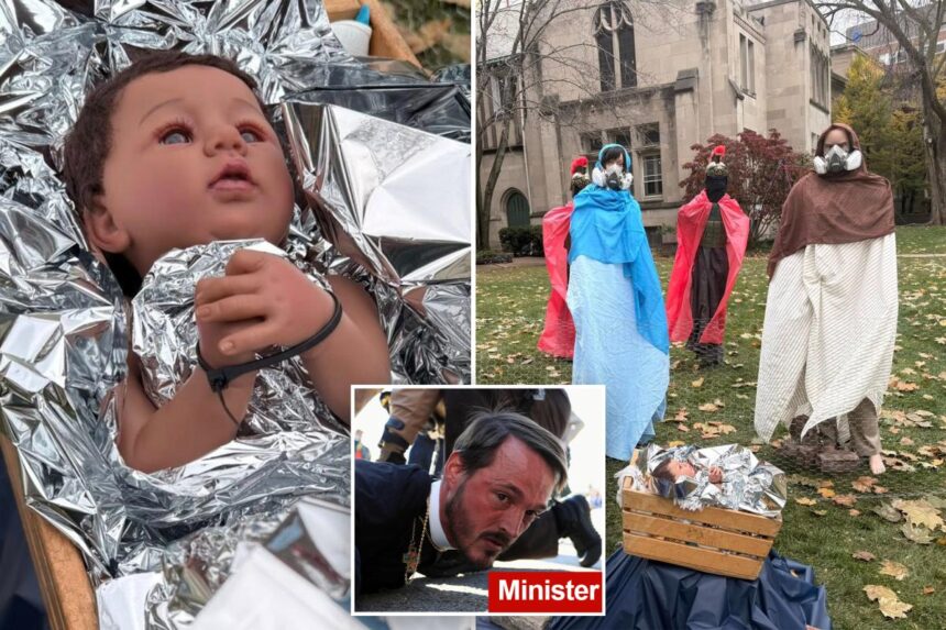 Illinois church faces criticism for Nativity scene showing baby Jesus zip-tied by ICE agents
