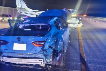 Plane crash-lands on top of Toyota on Florida freeway following engine trouble