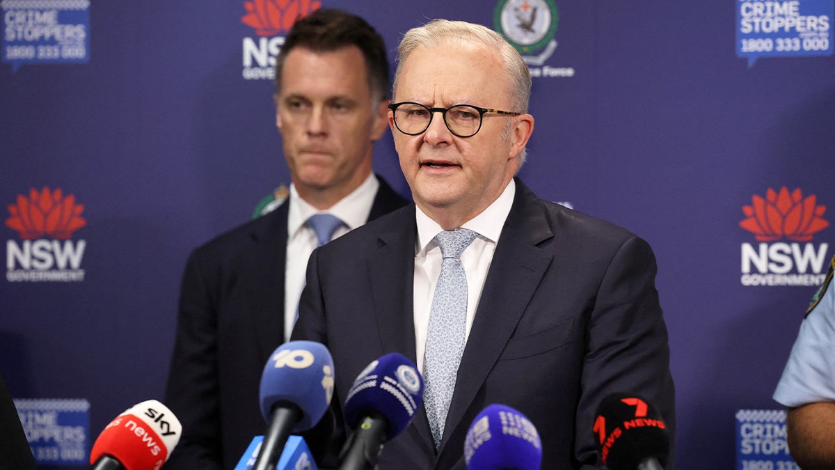 Australian PM Albanese speaking to the press.