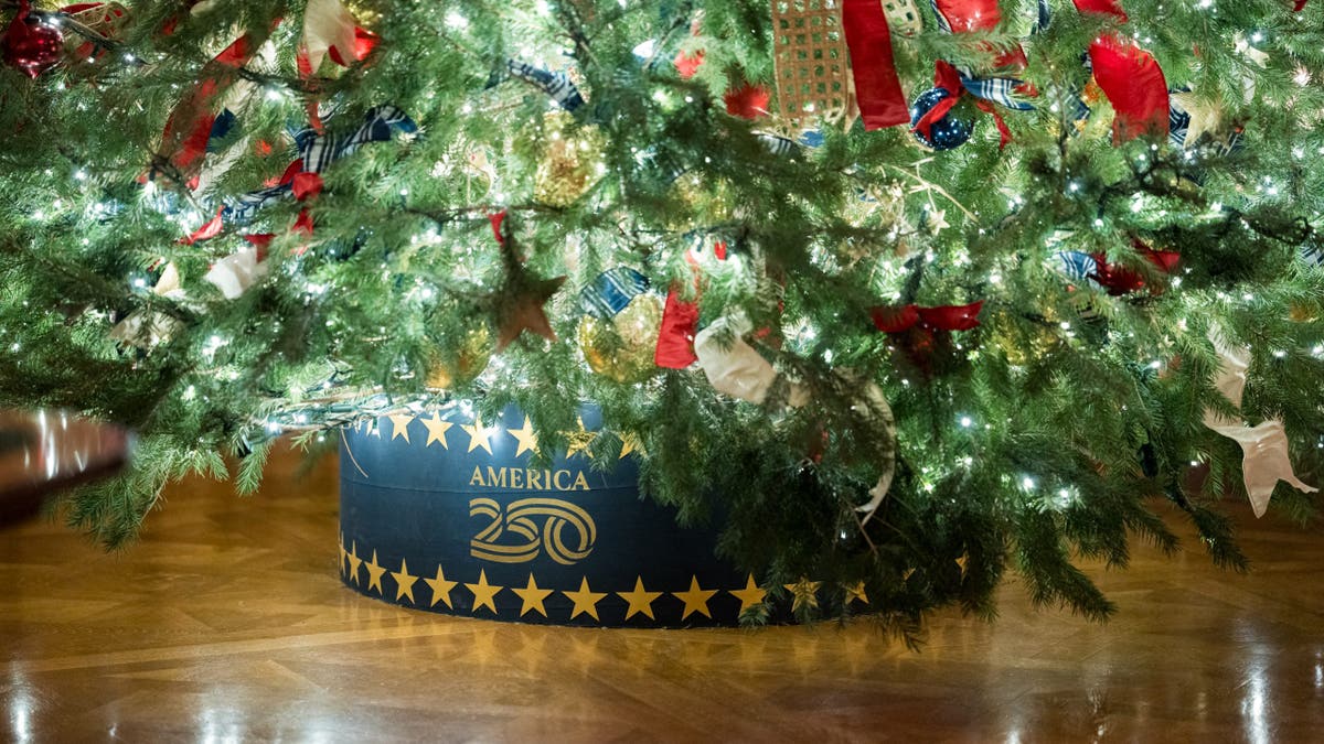 The theme in the East Room is "Home is Where the Heart Is: America, Our Home." The room is filled with patriotic decorations to celebrate the upcoming 250th anniversary of the signing of the Declaration of Independence.  (Official White House Photo by Andrea Hanks)
