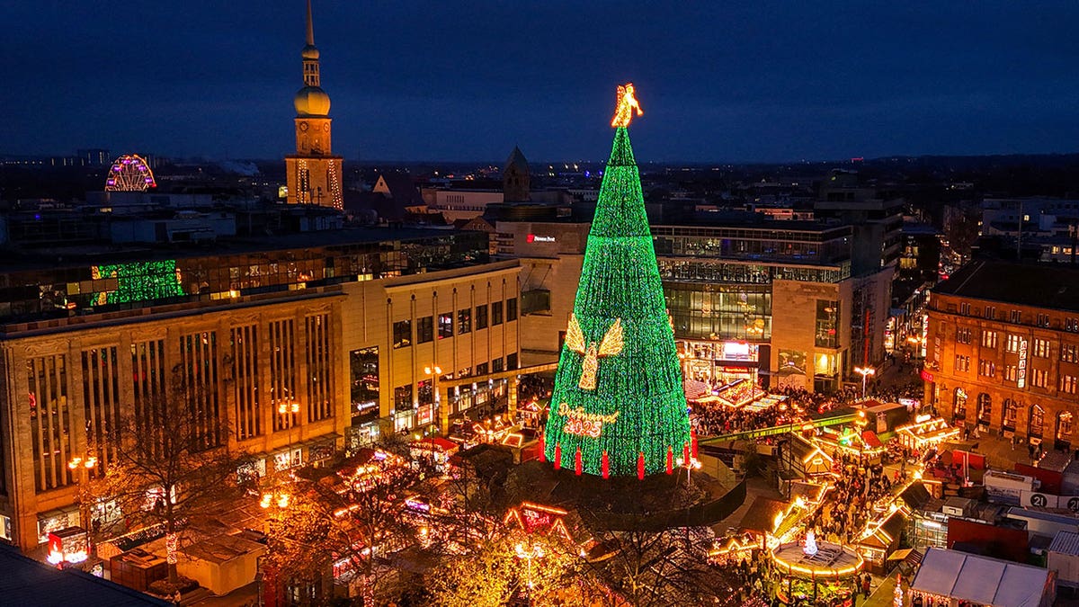 Dortmund Christmas tree, one of the world's largest, at the Christmas market in Dortmund, western Germany 