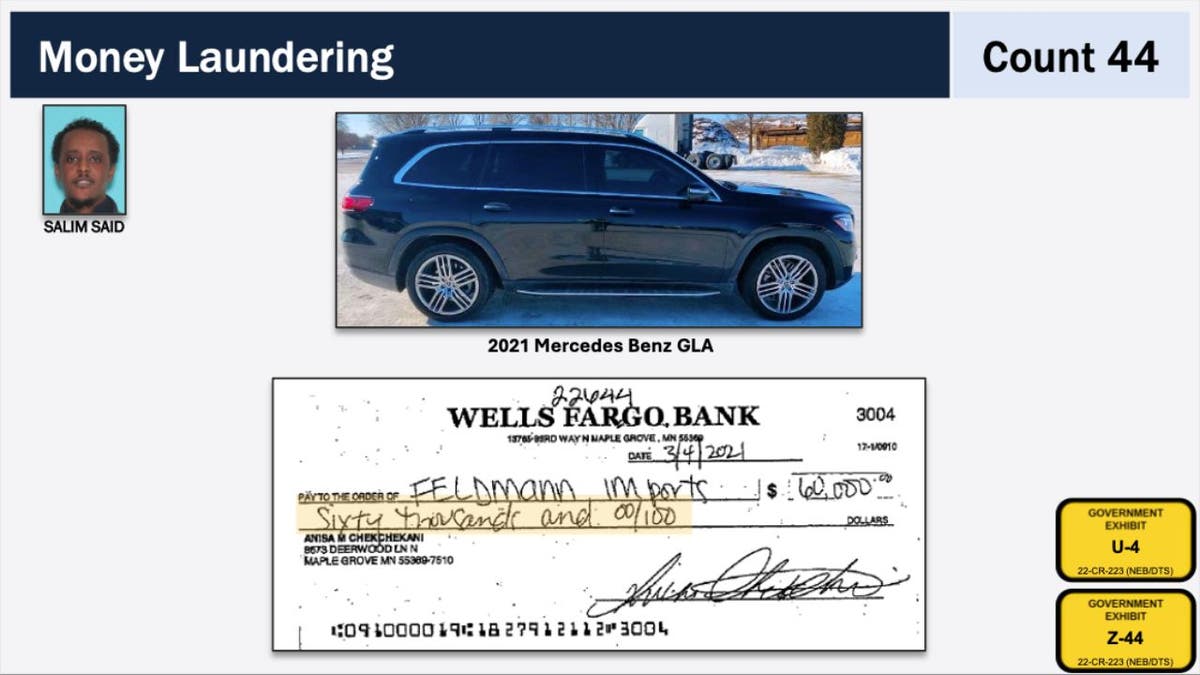 Black 2021 Mercedes-Benz GLA shown in DOJ exhibit with the $60,000 check tied to its purchase.
