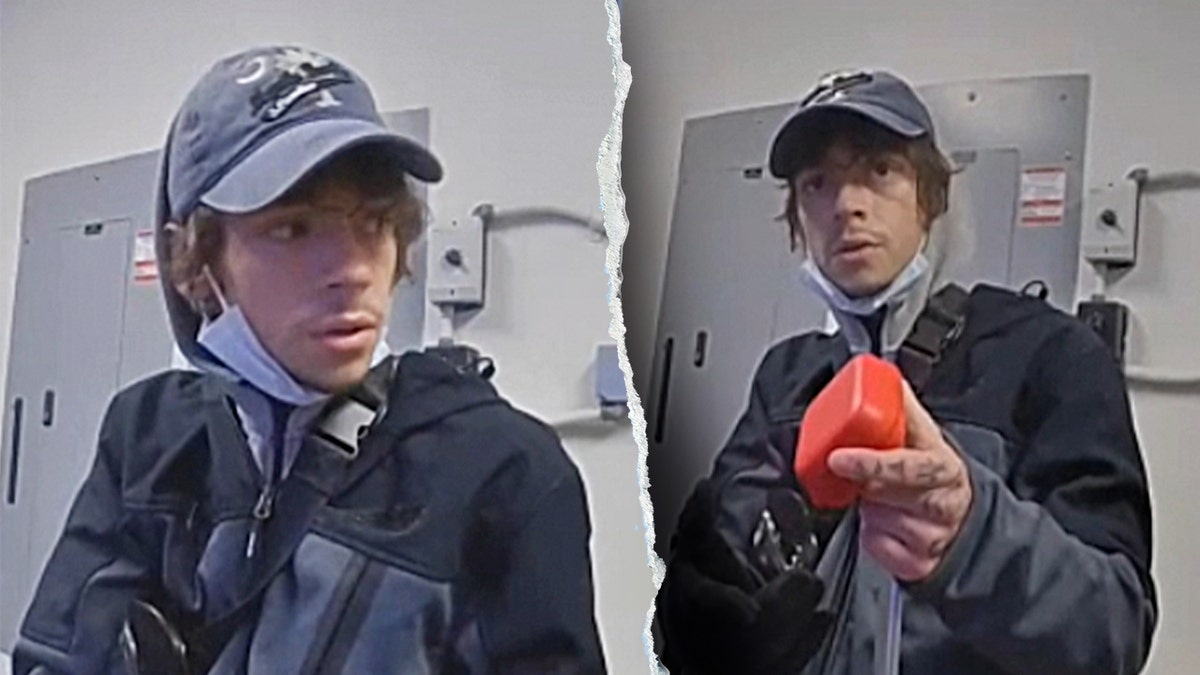 Split-screen body-camera image of a man wearing a baseball cap and jacket inside a store security room, holding a small red container.