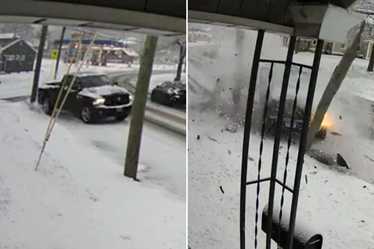 Connecticut driver on icy roads slams into pole, snaps it following powerful Northeast snowstorm