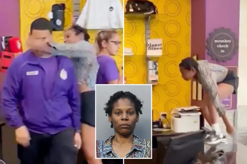 Crazed Planet Fitness member leaps over counter, pummels staffer who asked her to quiet down, wild video shows