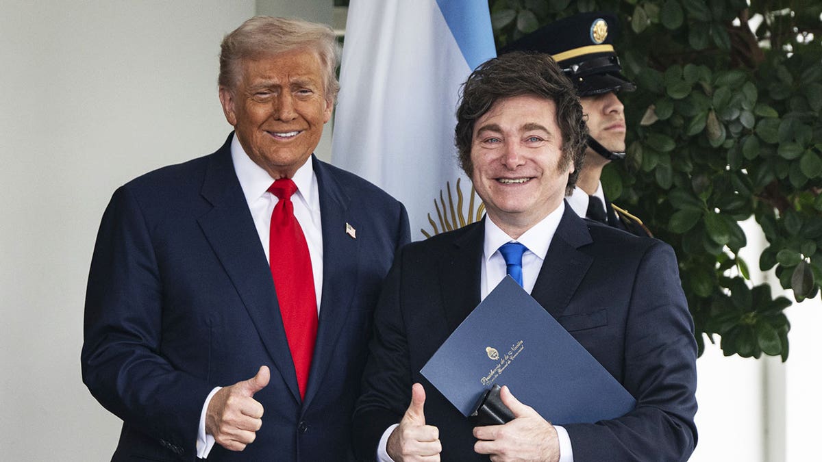 President Donald Trump greets the President of Argentina Javier Milei