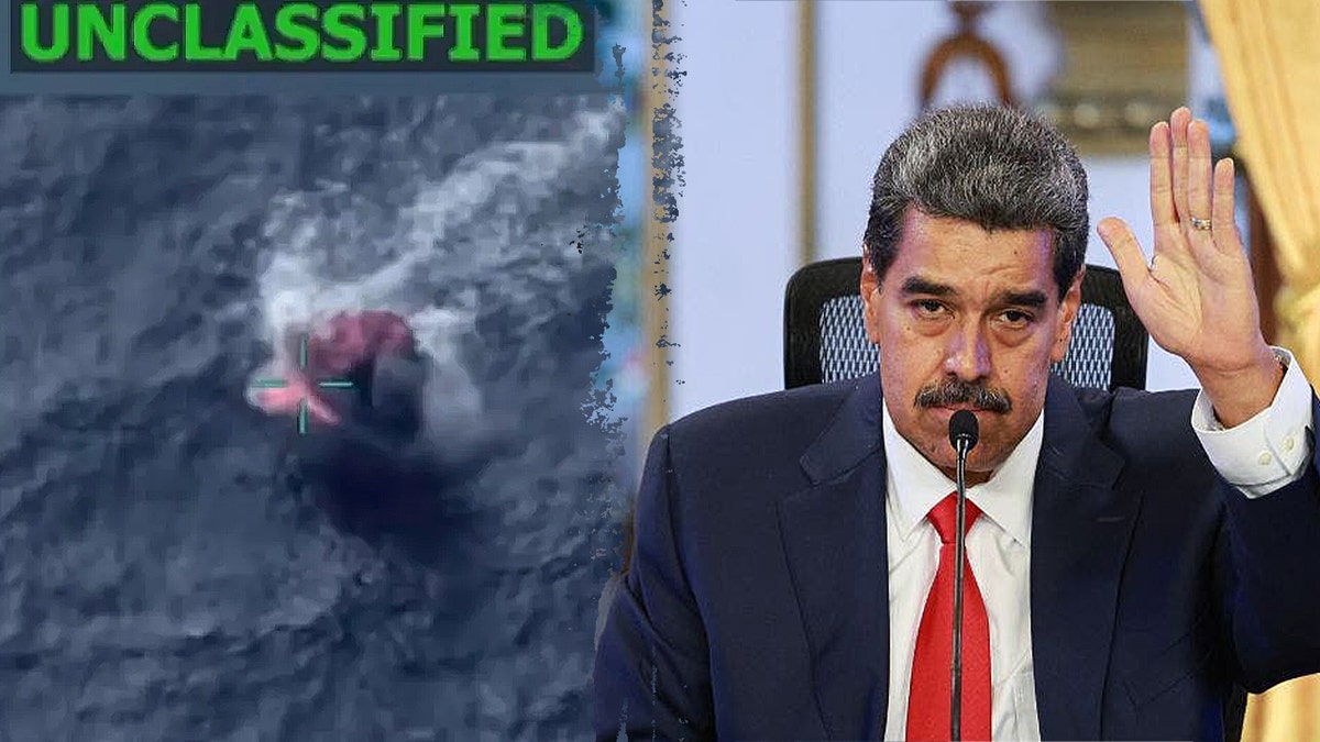 A split image of U.S. strike on boat near Venezuela and Nicolás Maduro.