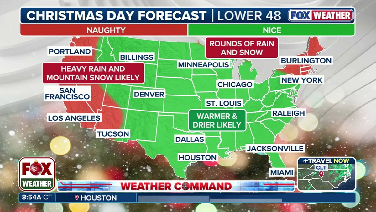 a weather map showing cold Christmas day temperatures