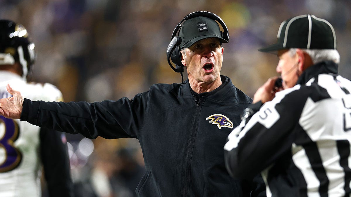 John Harbaugh argues with ref