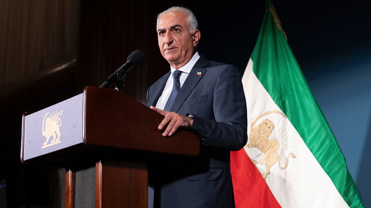 Exiled Iranian crown prince Reza Pahlavi speaks during news conference.