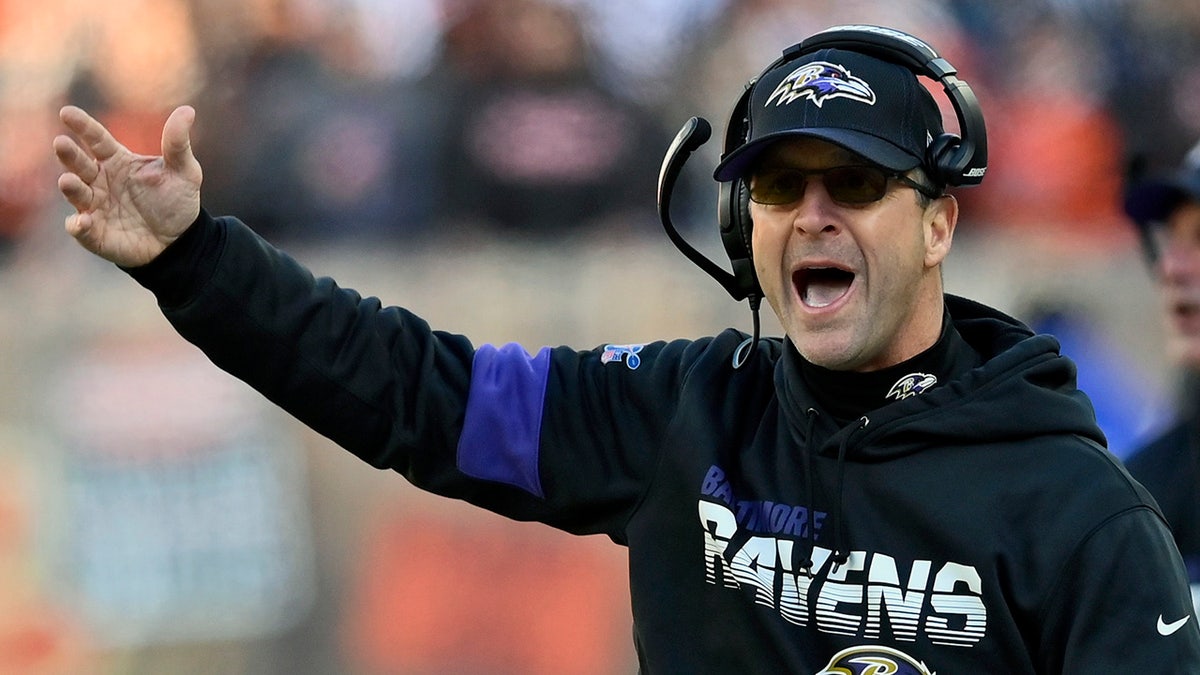 Baltimore Ravens head coach John Harbaugh reacts during the first half of an NFL football game against the Cleveland Browns, Sunday, Dec. 22, 2019, in Cleveland. (AP Photo/David Richard)