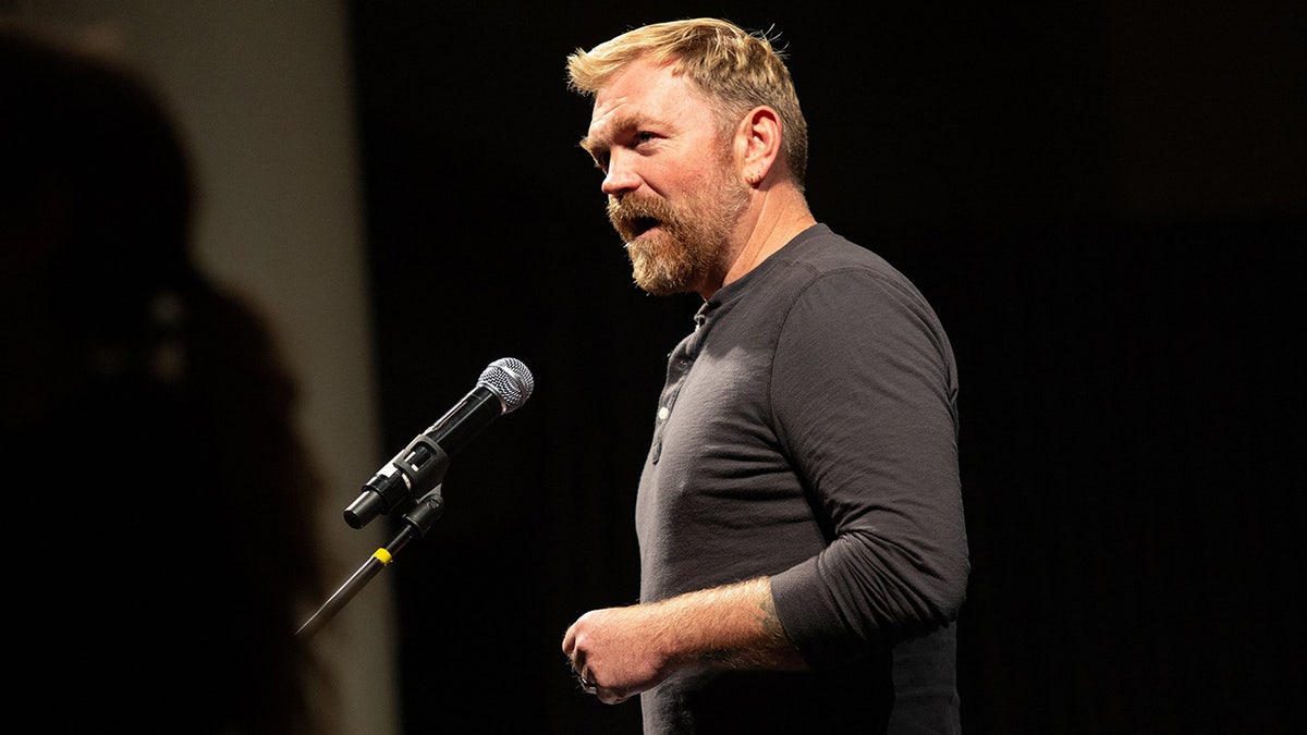 U.S. Senate candidate Graham Platner, D-Maine, speaks at a town hall in Lewiston, Me., Oct. 15, 2025.