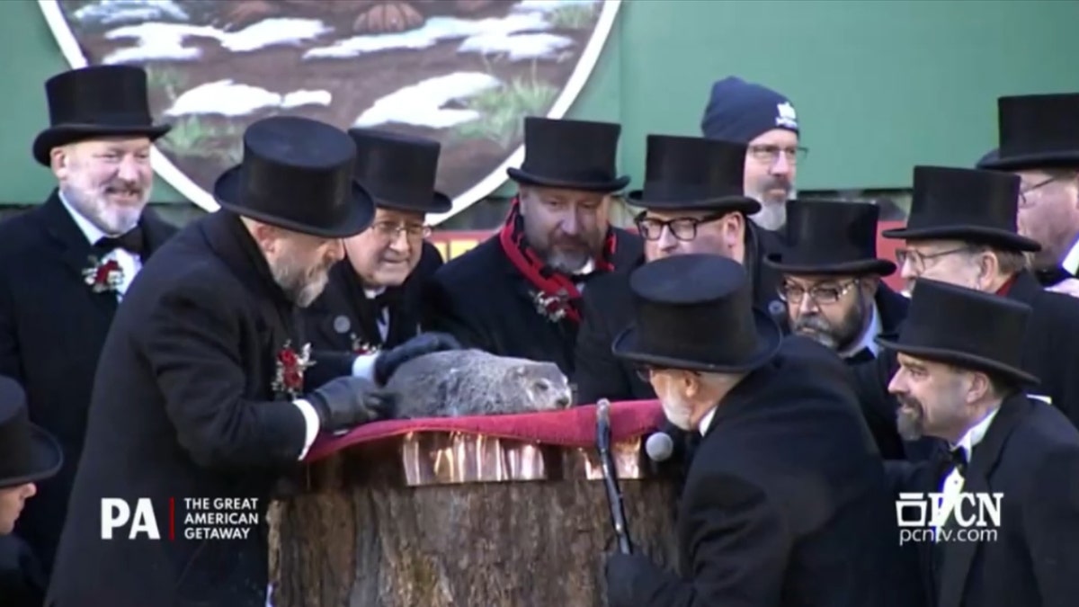 Men surrounding groundhog.