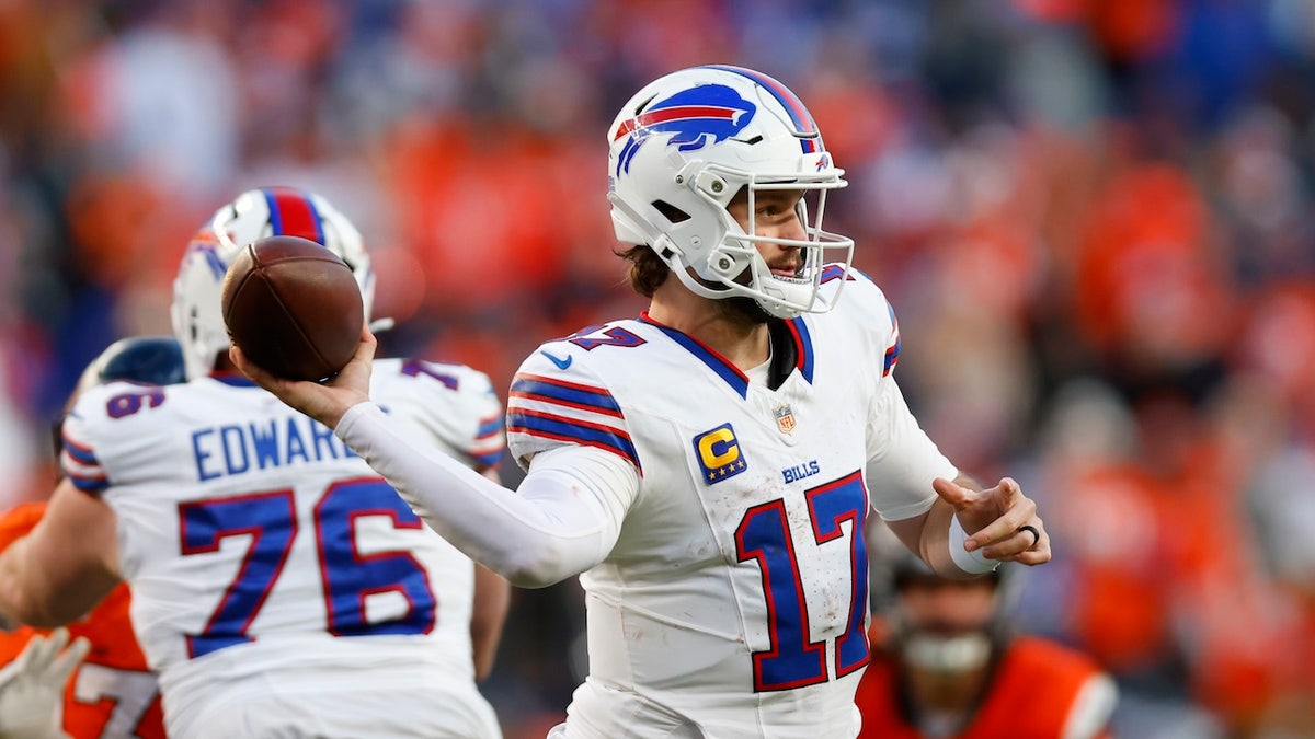 DENVER, COLORADO - JANUARY 17: Josh Allen #17 of the Buffalo Bills throws a pass against the Denver Broncos during the third quarter in the AFC Divisional Playoff game at Empower Field At Mile High on January 17, 2026 in Denver, Colorado. (Photo by Justin Edmonds/Getty Images)