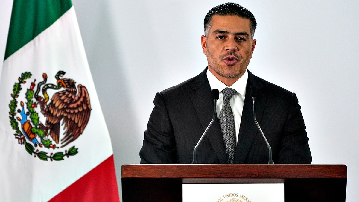 Mexican Security and Citizen Protection Minister Omar Garcia Harfuch speaking at news conference
