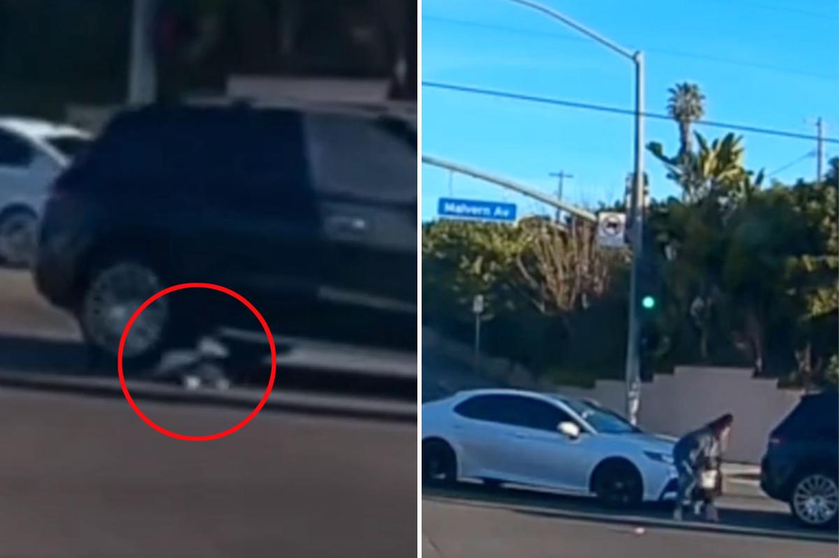 Heart-stopping moment toddler is nearly run over after falling from moving car — as viral footage leads to mother’s arrest