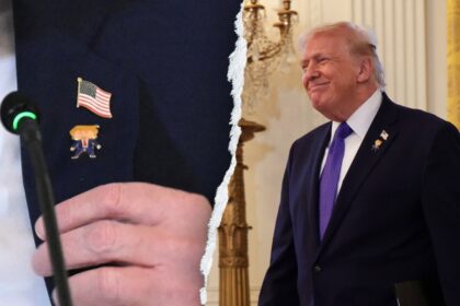 Trump wears ‘happy Trump’ pin alongside American flag during White House oil executive meeting