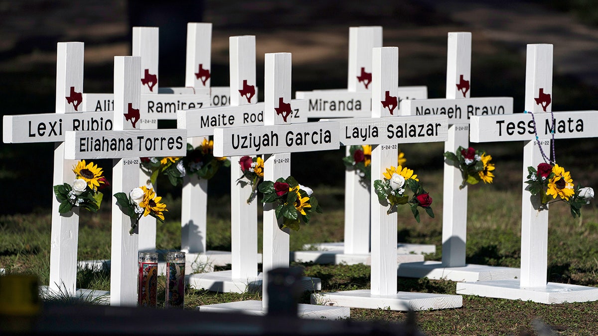 Crosses with names of victims from Uvalde school shooting