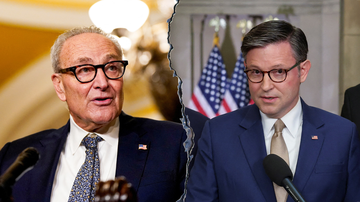 Chuck Schumer and Mike Johnson split image