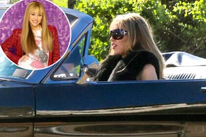 Miley Cyrus sports a blonde wig in a convertible Mustang ahead of Hannah Montana special
