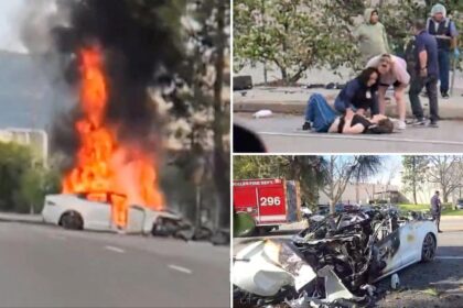 Fiery Tesla crash forces hazmat emergency as 2 hospitalized