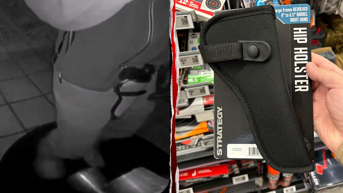 A side-by-side comparison of a grainy security camera image showing a person with a holstered weapon and a retail package for a Strategy brand hip holster