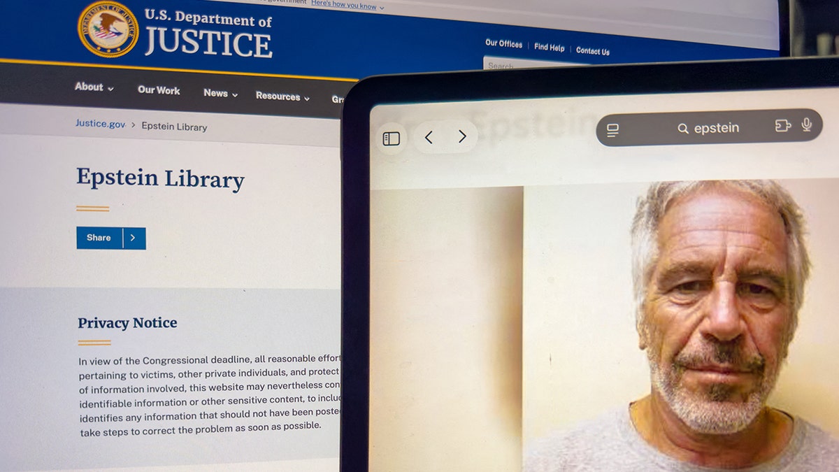 Jeffrey Epstein photo and Justice Department Epstein Library webpage