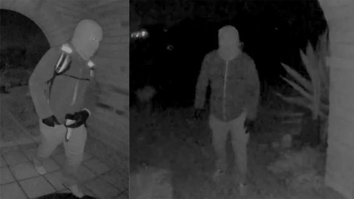 A split image with each side showing a masked man in gloves on Nancy Guthrie's porch.