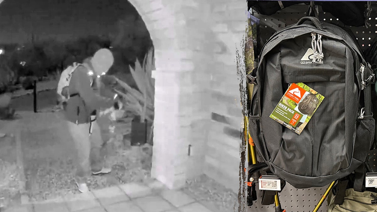 A split photo of the suspect seen in surveillance video and the backpack investigators are searching for