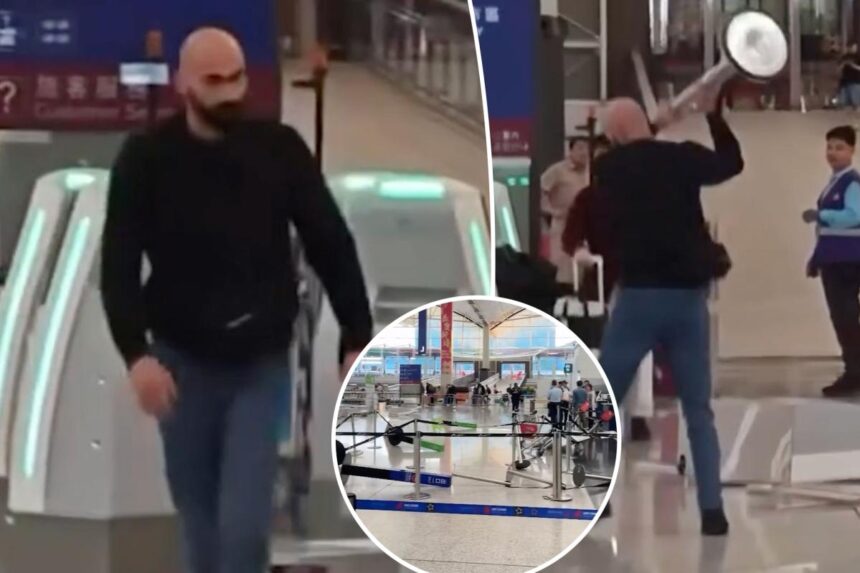 Violent passenger goes on kiosk-smashing rampage at airport in wild video