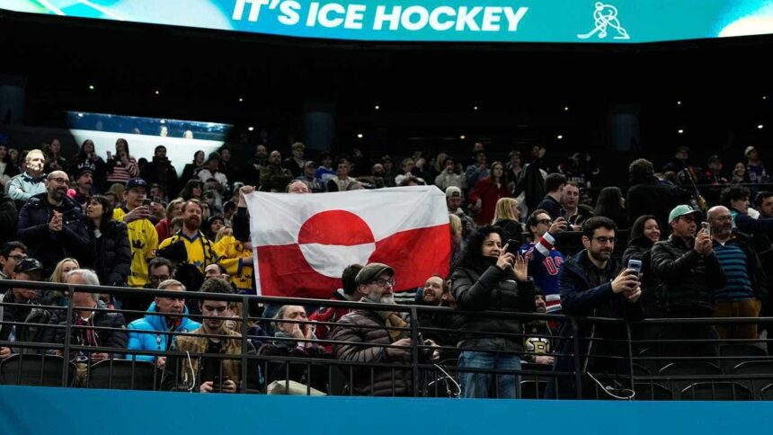 Olympic hockey fans raise Greenland’s flag during USA’s dominant win over Denmark, sparking viral reaction