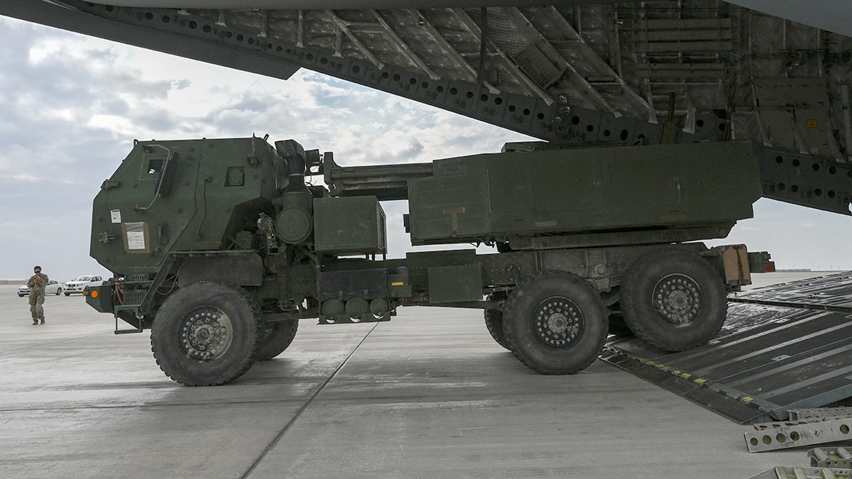 U.S. Army M142 High Mobility Artillery Rocket System is loaded into a .S. Air Force C-17 Globemaster III aircraft