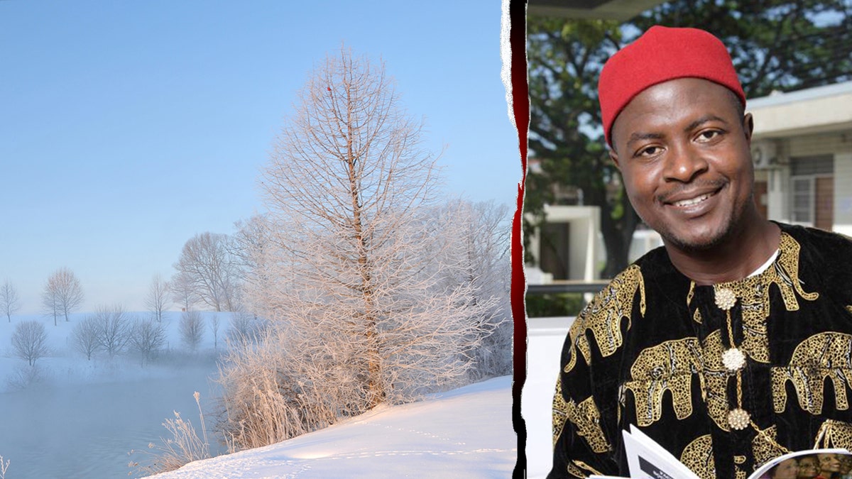 Snow surrounding a pond on Virginia tech campus split with professor Onwubiko Agozino