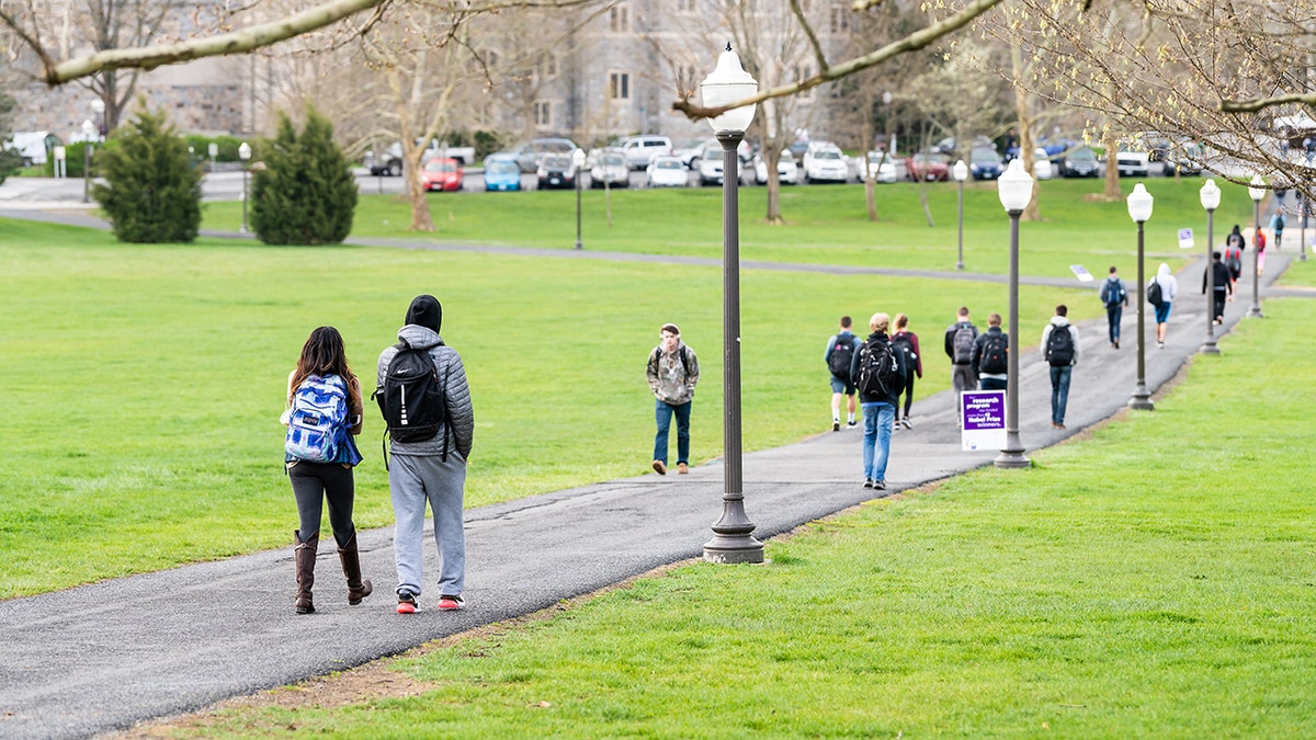 Virginia Tech students walk on concrete pathway surrounded by grass