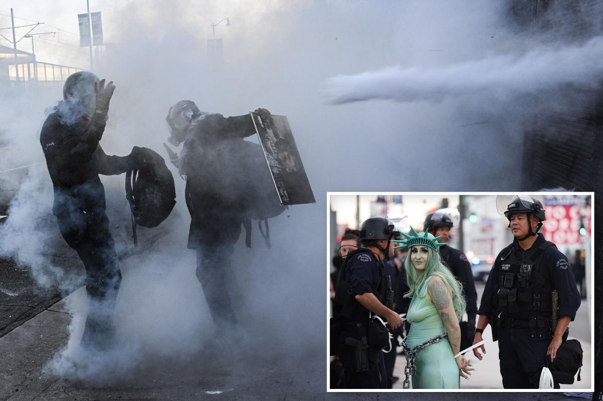 Scale of carnage at LA’s ‘No Kings’ protest laid bare — as sinister past of ‘Statue of Liberty lady’ revealed