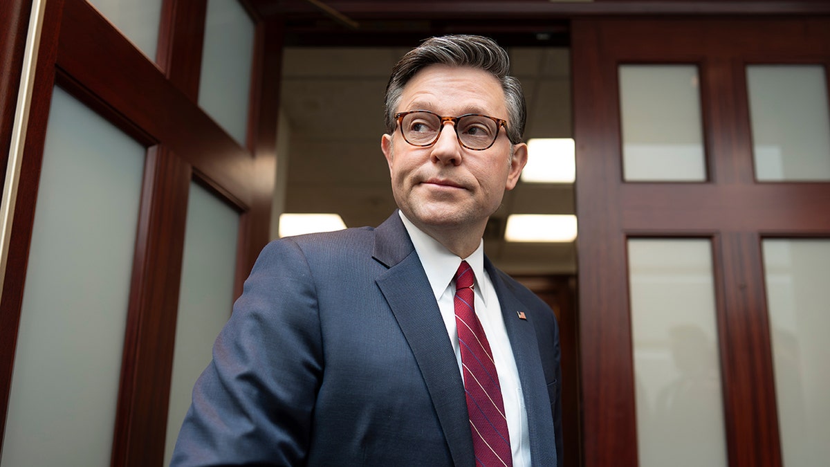 Speaker Mike Johnson standing still and looking toward reporters in a hallway at the Capitol.